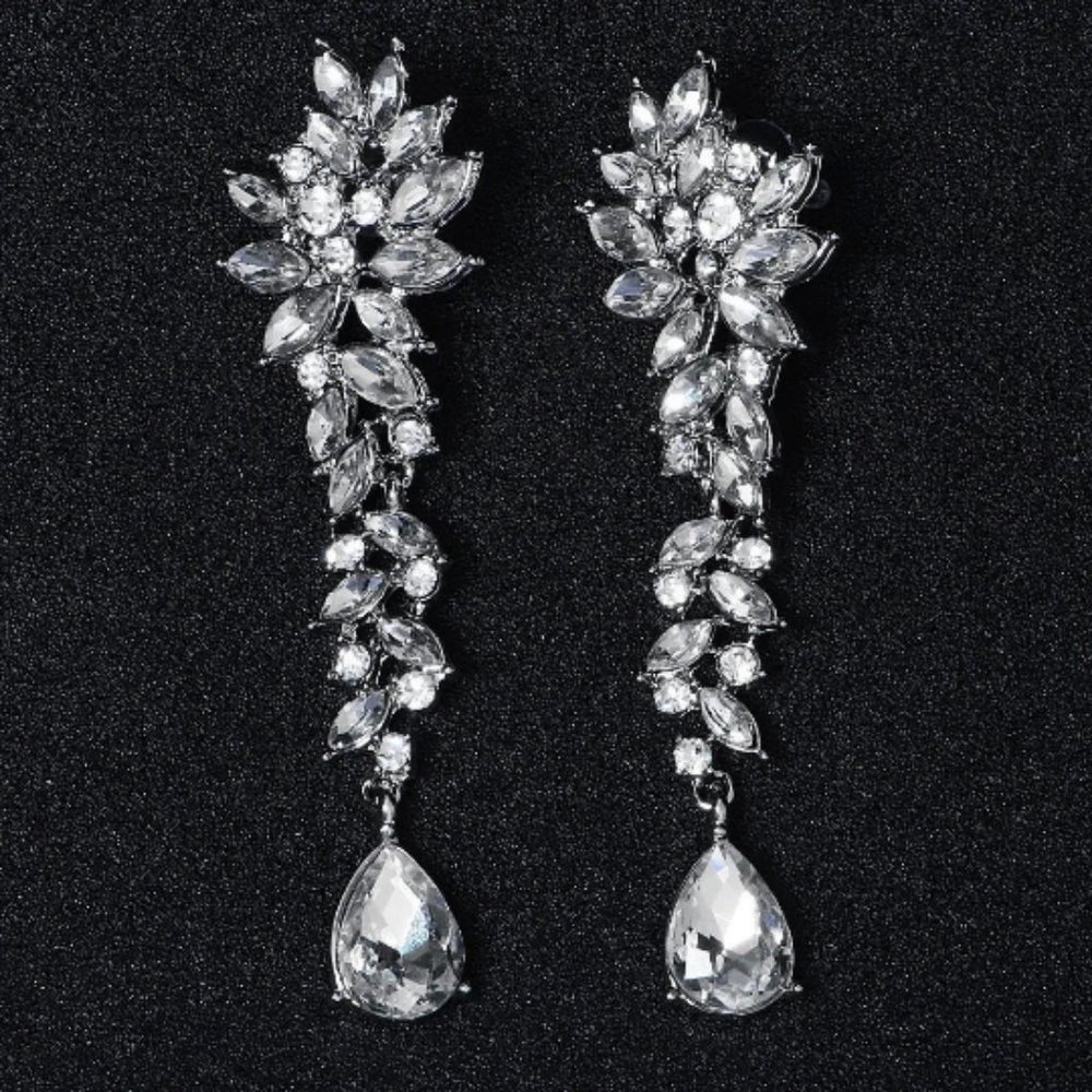 Elegant Silver Crystal Drop Clip On Earrings